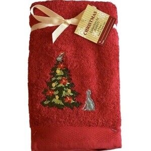 Avanti Christmas Tree Cat Red Hand Towels Embroidered Bath Bathroom Set of 2